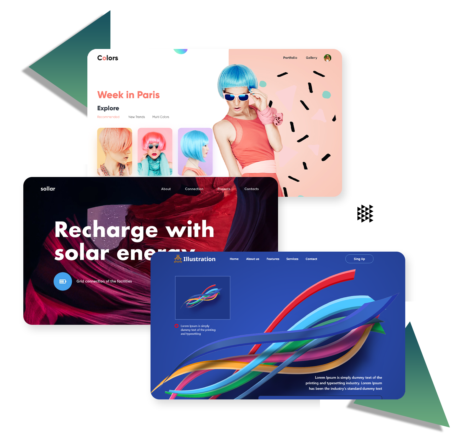 A 3D last-fold of three cards with triangular blue background